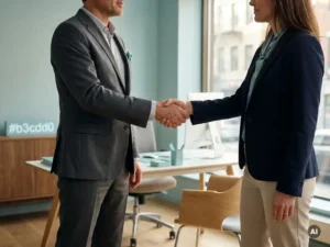 Professionele handdruk tussen werkgever en werknemer in modern kantoor met payroll-kleuren en daglicht.