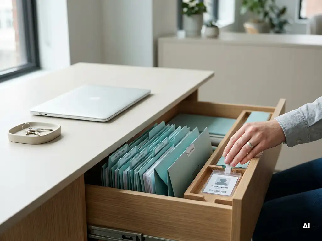 Werkplek met open lade vol teal personeelsdossiers, hand plaatst ID-badge naast sleutels en gesloten laptop.