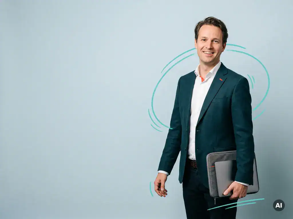 Zelfverzekerde Nederlandse zzp’er met laptop in studio, smart-casual, lichtblauwe achtergrond en ruimte links