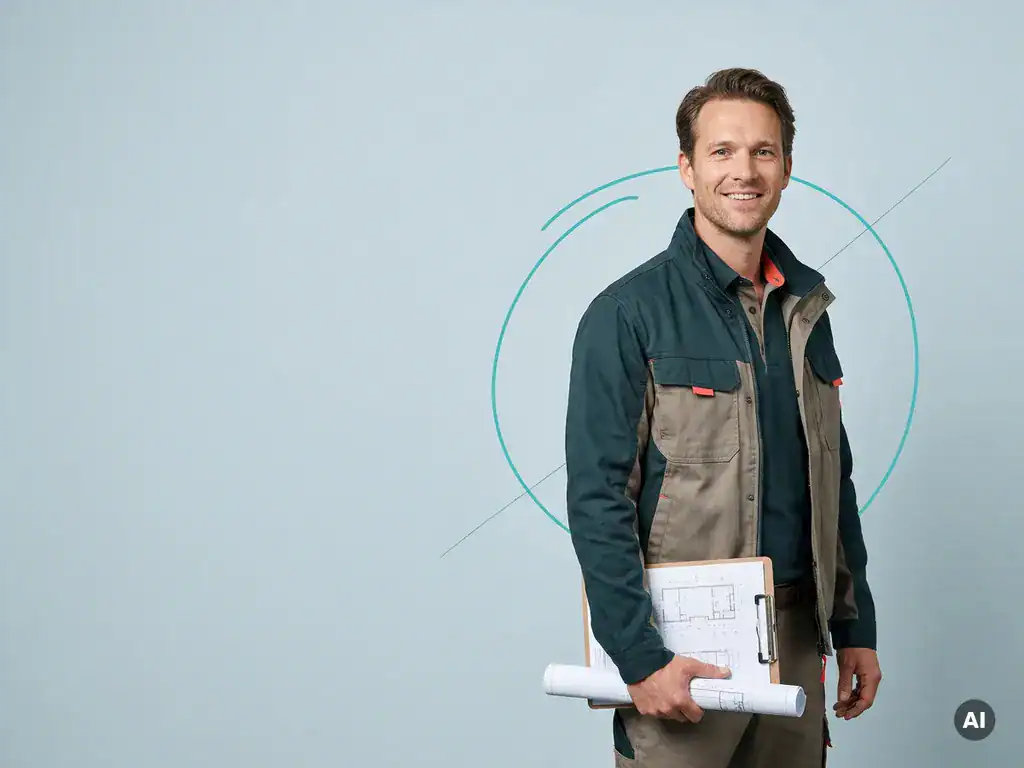 Zelfverzekerde technische vakprofessional met werktekening, vrijstaand in studio, passend bij zzp-verloning techniek