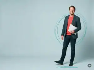 Vriendelijke zzp’er of mkb-ondernemer met urenbriefjes, ontspannen in studio met lege ruimte voor info over zzp-verloning