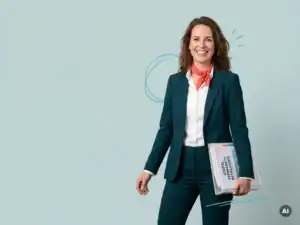 Zelfverzekerde Nederlandse zzp’er met documenten in studio, symbool voor soepel verwerkte betalingen en ontzorging