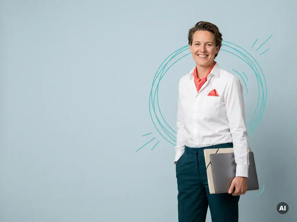 Zelfverzekerde Nederlandse zzp’er met map, op lichte studioachtergrond met ruimte voor tekst, frisse mkb-uitstraling