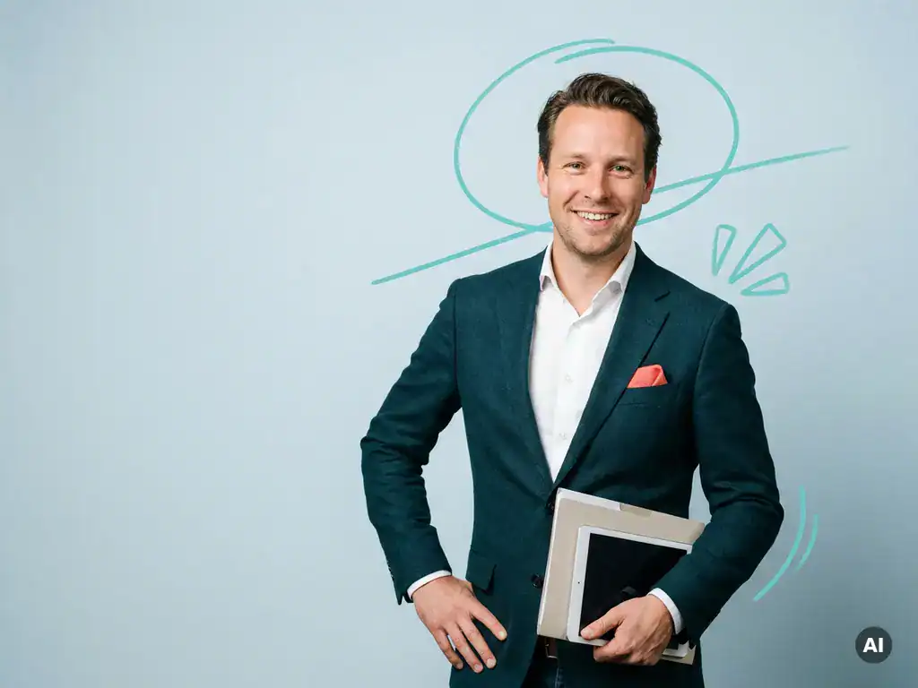 Zelfverzekerde Nederlandse zzp’er of mkb-ondernemer in studio met map, open glimlach en ruimte voor titel links
