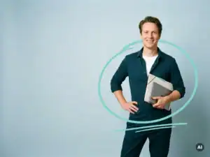 Zelfverzekerde Nederlandse zzp’er met map, glimlachend in studio met lichtblauwe achtergrond en ruimte voor tekst