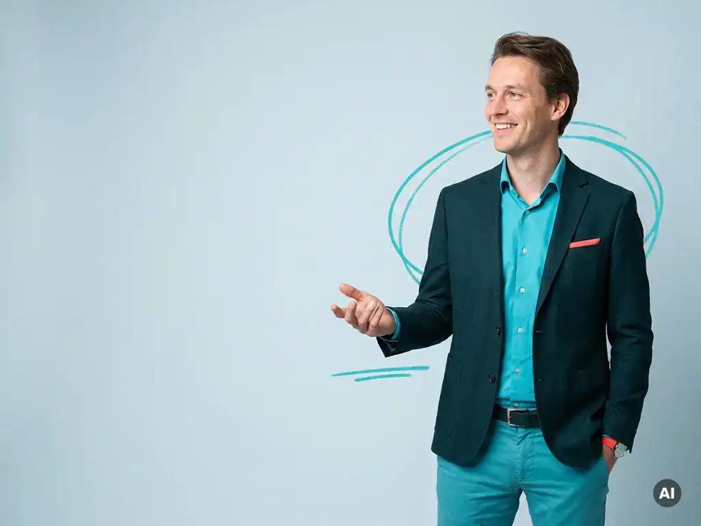 Vriendelijke Nederlandse zzp’er in smart-casual outfit, glimlachend in studio met lichtblauwgrijze achtergrond.