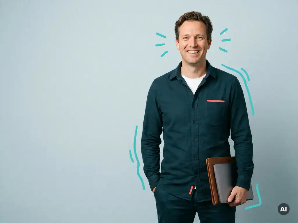 Zelfverzekerde Nederlandse zzp’er of mkb-ondernemer met laptop, glimlachend in smart casual op lichtblauwe studioachtergrond