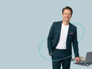 Vriendelijke Nederlandse zzp’er of mkb-ondernemer met laptop, glimlachend in studio, symbool voor verloning en ontzorging
