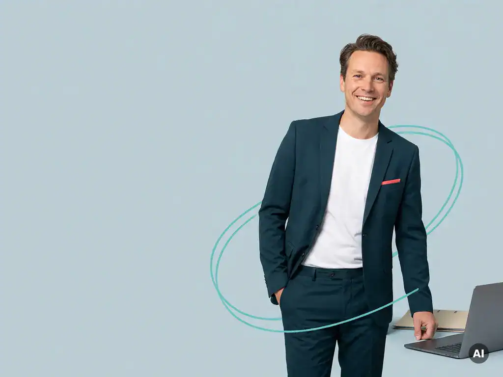 Vriendelijke Nederlandse zzp’er of mkb-ondernemer met laptop, glimlachend in studio, symbool voor verloning en ontzorging